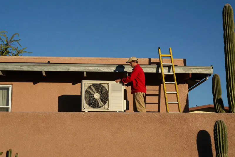 An air-conditioning technician in a red jacket and tan cap rests a hand on an outdoor condenser unit at the roofline of a terracotta stucco house. A yellow ladder leans on the eave and saguaros stand under a deep blue Phoenix sky.